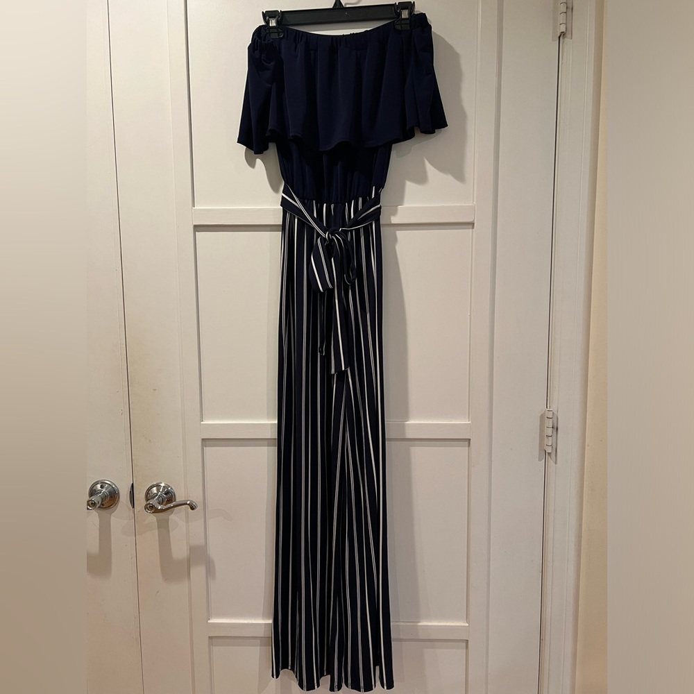 Bebe Navy Strapless, Striped  Jersey Jumpsuit with Belt  4
